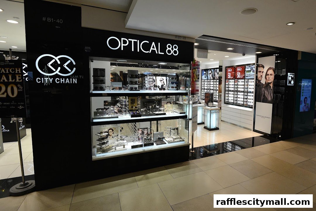The exterior of Optical 88, an eyewear store, showcasing various glasses and promotions.