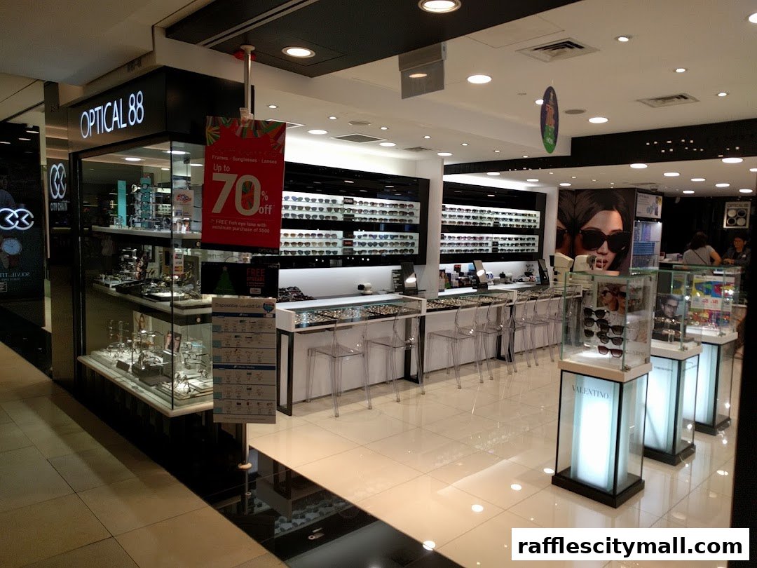 Interior view of Optical 88 Raffles City, showcasing a wide selection of eyewear and a promotional banner.