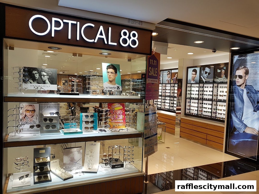 Optical 88 shop front displaying various sunglasses and eyewear brands.