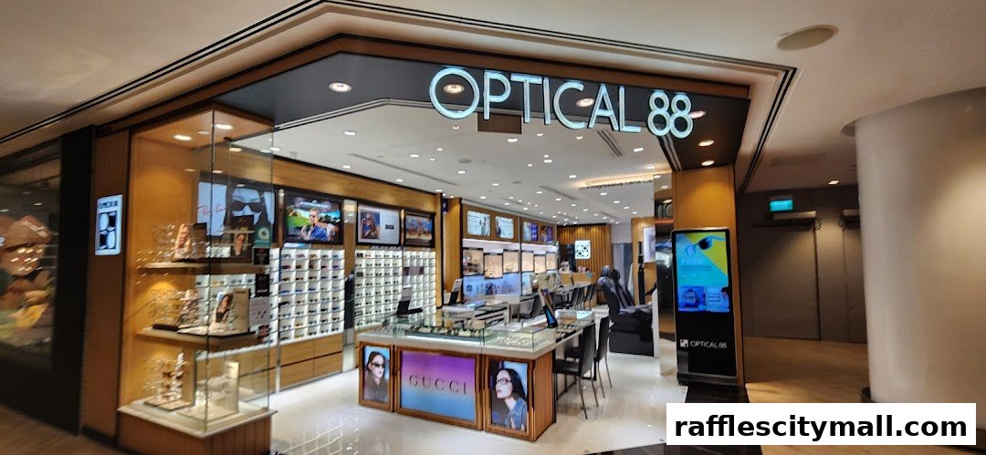 The exterior of Optical 88 Raffles City, showcasing a wide selection of eyewear and a modern store design.