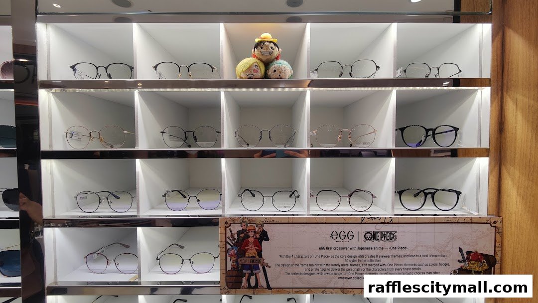 A display of various eyeglasses, some featuring One Piece characters and themes.