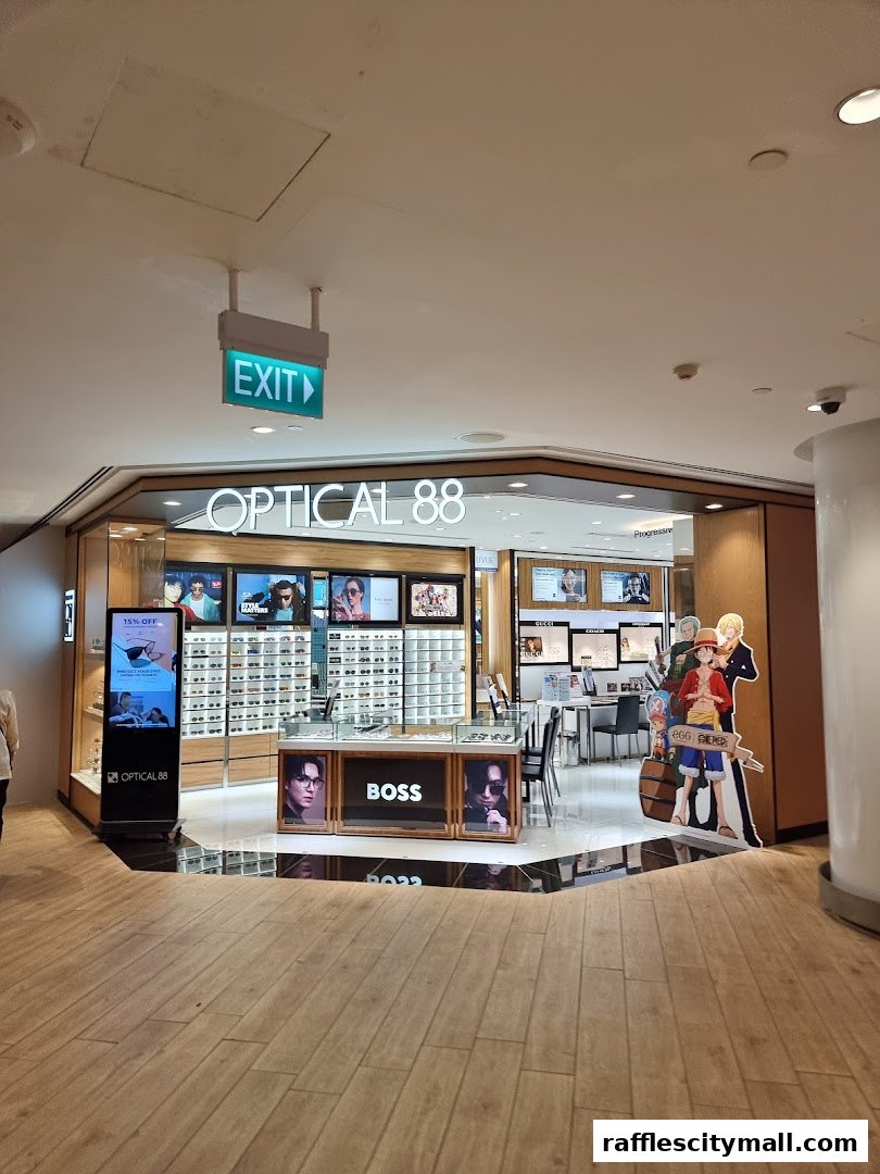 Optical 88 store front with displays of glasses and promotional standees.