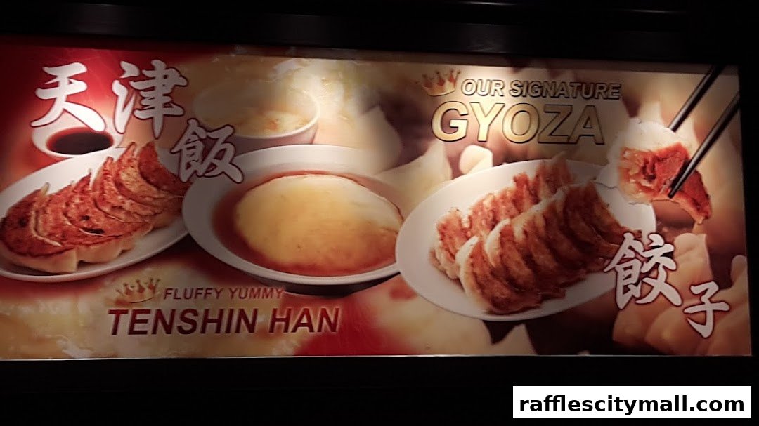 A vibrant display showcasing Osaka Ohsho's signature Gyoza and Tenshin Han.
