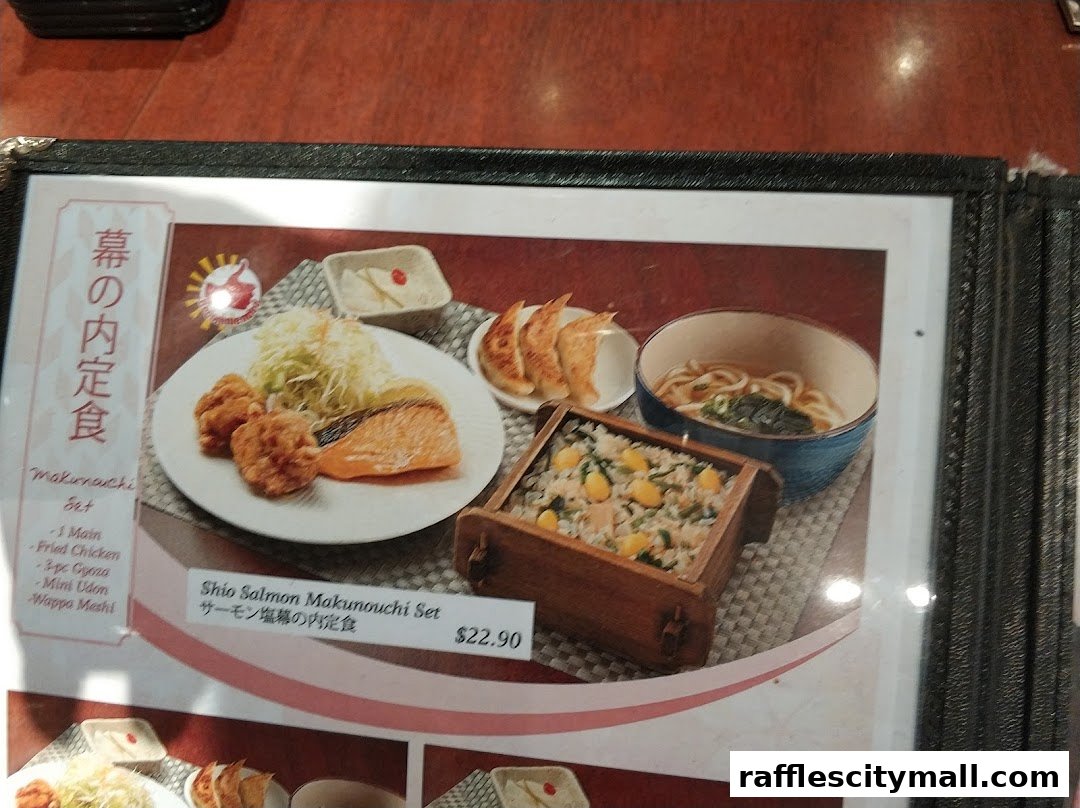 A menu featuring a Japanese set meal with salmon, fried chicken, gyoza, udon, and rice.