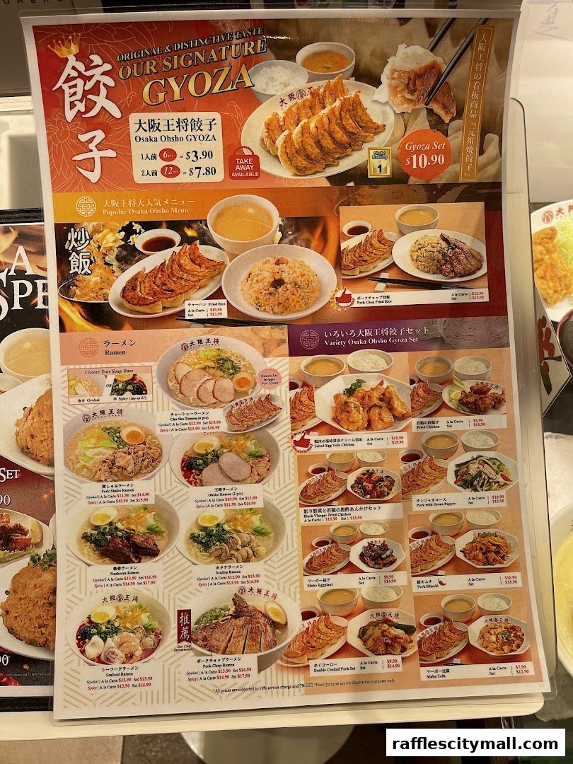 A menu from Osaka Ohsho featuring signature gyoza, ramen, fried rice, and other Japanese dishes.