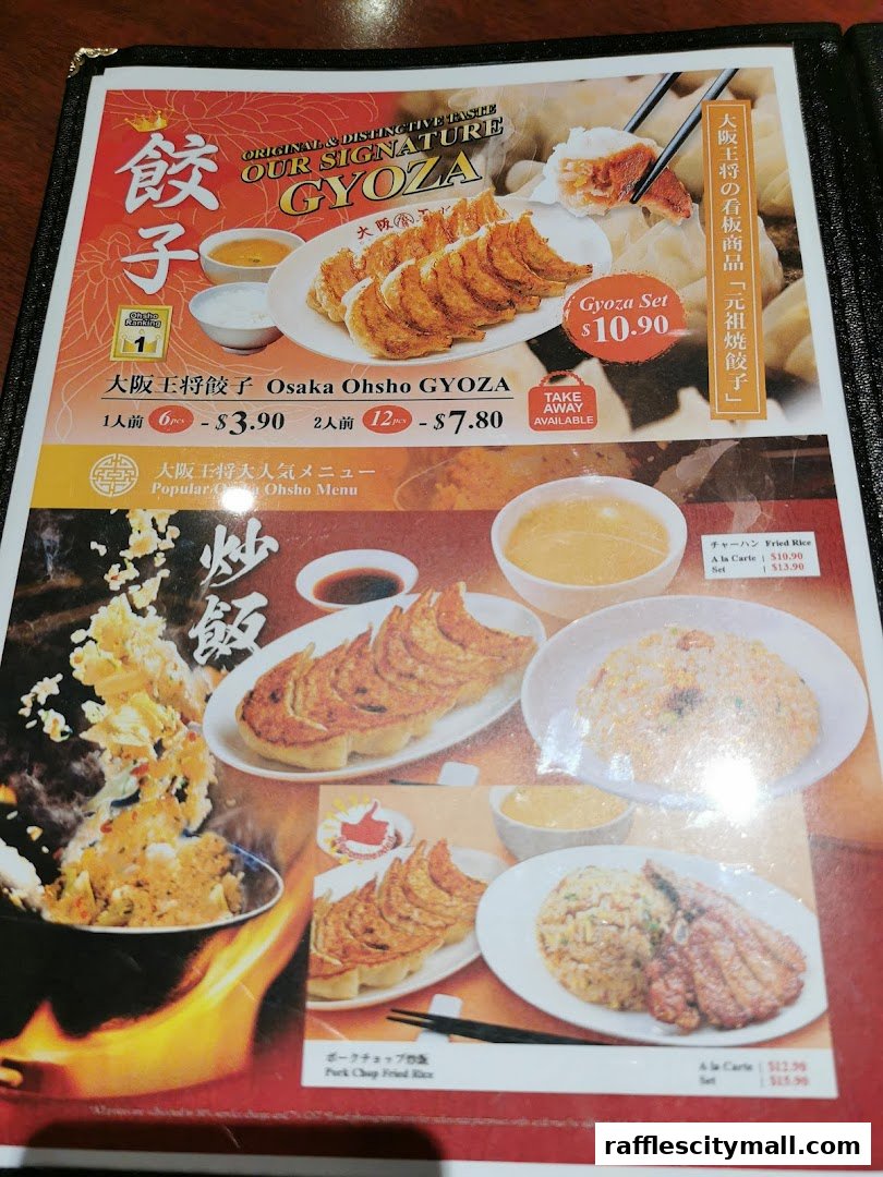 A menu from Osaka Ohsho featuring their signature gyoza and other popular dishes like fried rice.