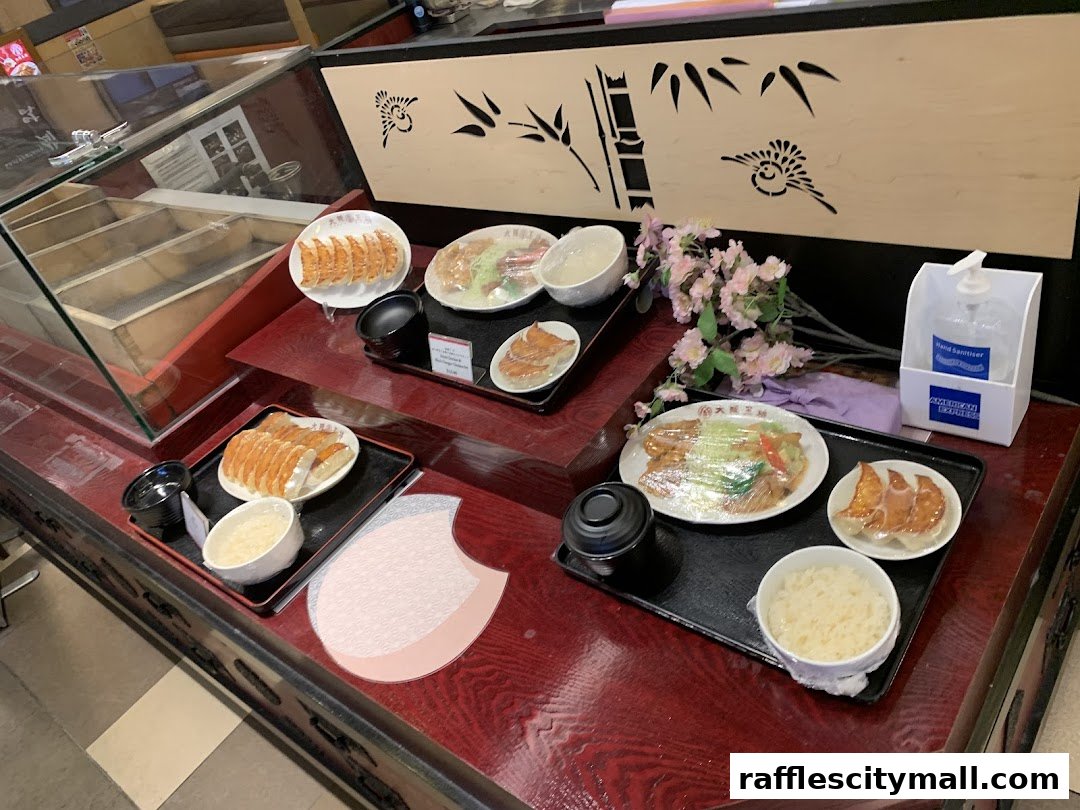 Display of Japanese food sets, featuring gyoza, rice, and other dishes.