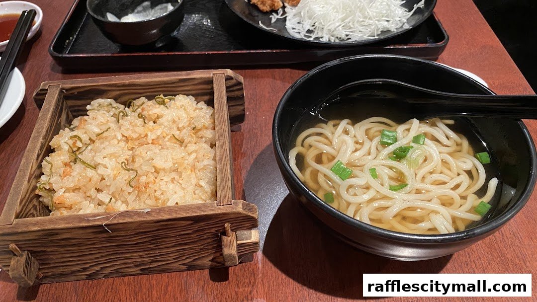 A close-up of a Japanese meal featuring rice and a bowl of udon noodles with green onions.
