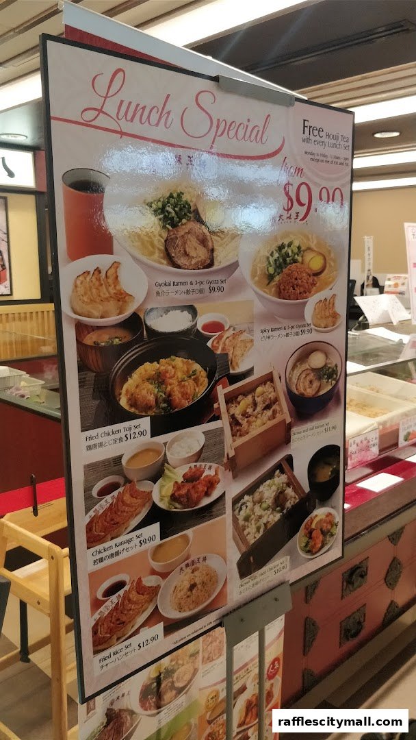 A menu board showcasing various Japanese lunch specials with enticing food photography.