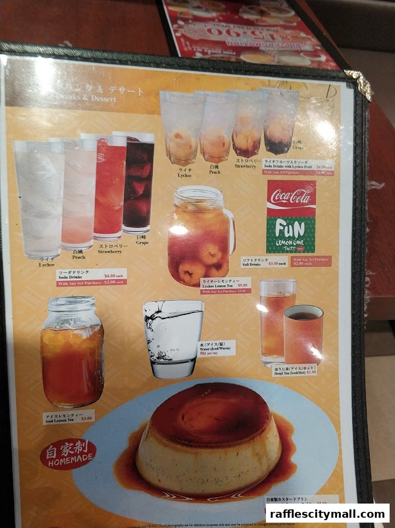 A menu featuring various drinks and a homemade Japanese pudding.