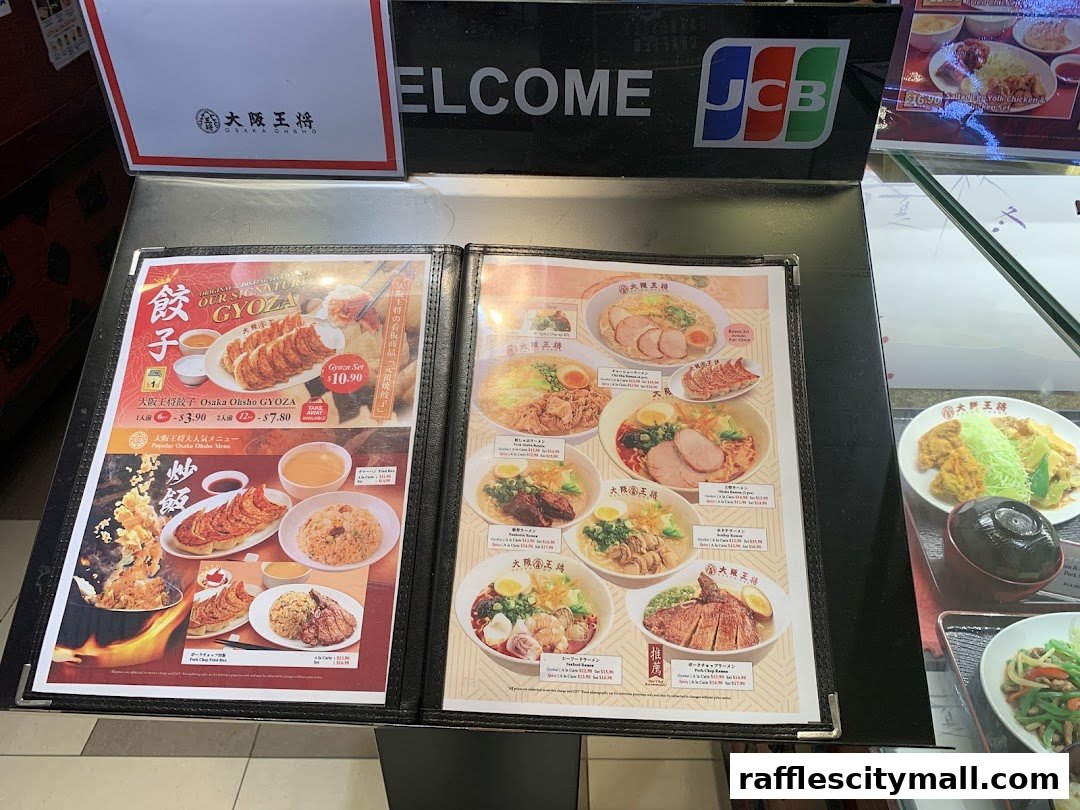 A menu from Osaka Ohsho featuring Gyoza and Ramen dishes.