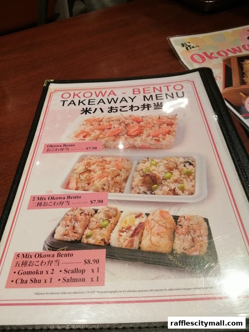 A takeaway menu for Okowa Bento, featuring different bento box options and their prices.