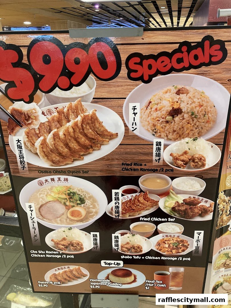 A menu board showcasing Osaka Ohsho's specials, including gyoza, fried rice, ramen, and chicken karaage.