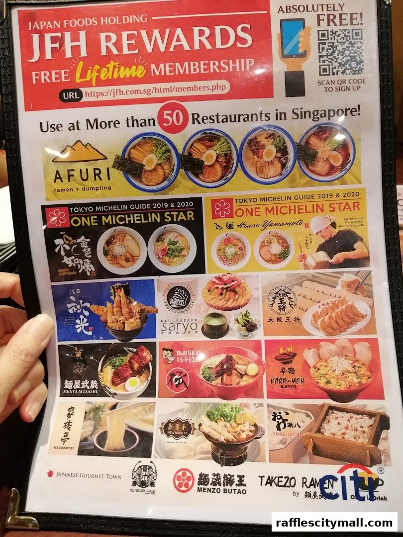 A menu showcasing various Japanese restaurants and their signature dishes, promoting a rewards membership.