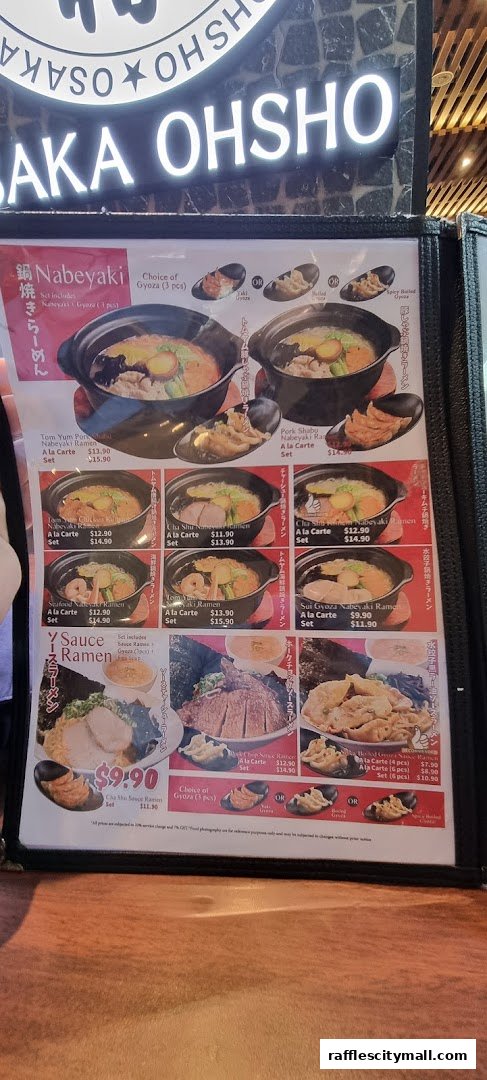 A menu from Osaka Ohsho featuring various ramen and gyoza dishes with prices.