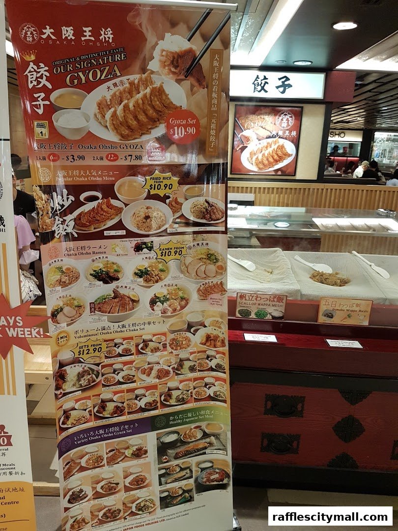 A promotional banner for Osaka Ohsho featuring various gyoza, ramen, and set meals.