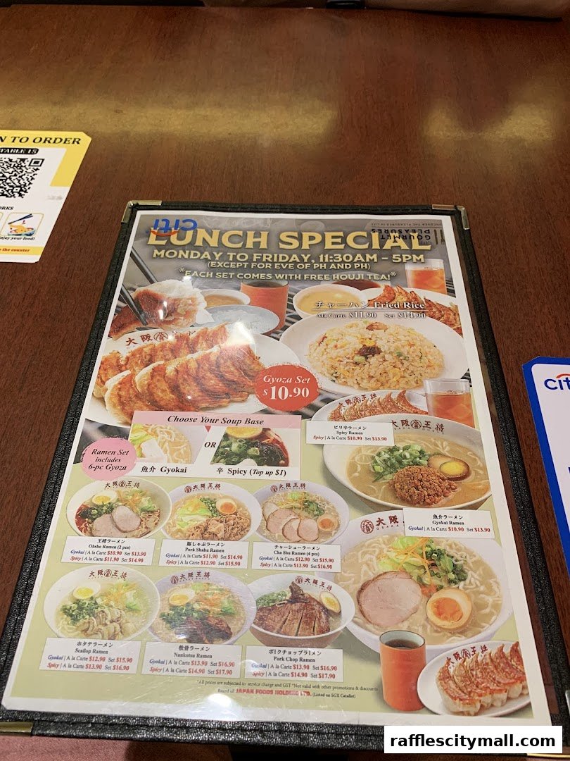 A menu from Osaka Ohsho featuring lunch specials, ramen, and gyoza sets.