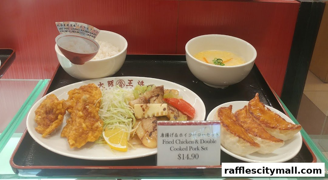 A display of a Japanese meal set featuring fried chicken, cooked pork, gyoza, rice, and soup.