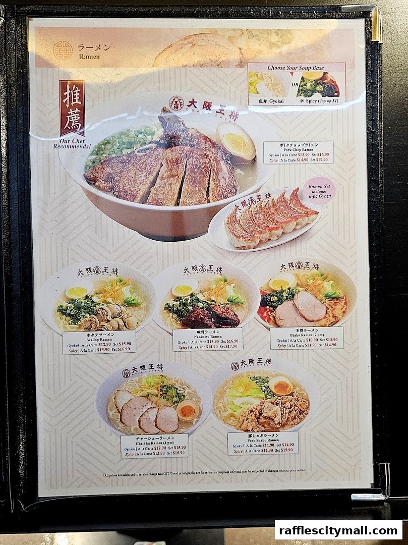 A menu from Osaka Ohsho featuring various ramen dishes and gyoza, with chef recommendations.