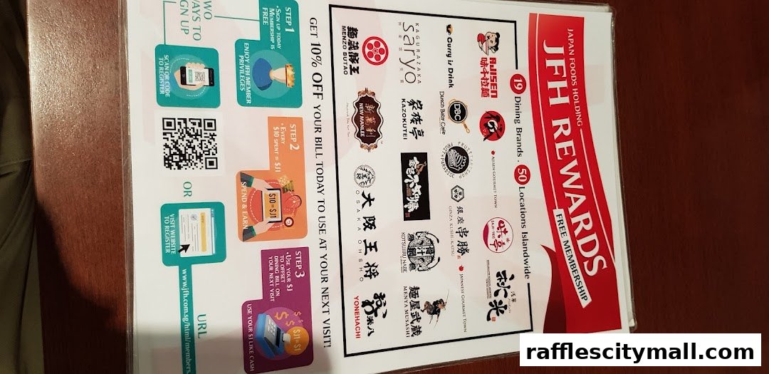 A promotional flyer for JFH Rewards, detailing how to earn and use rewards with various dining brands.