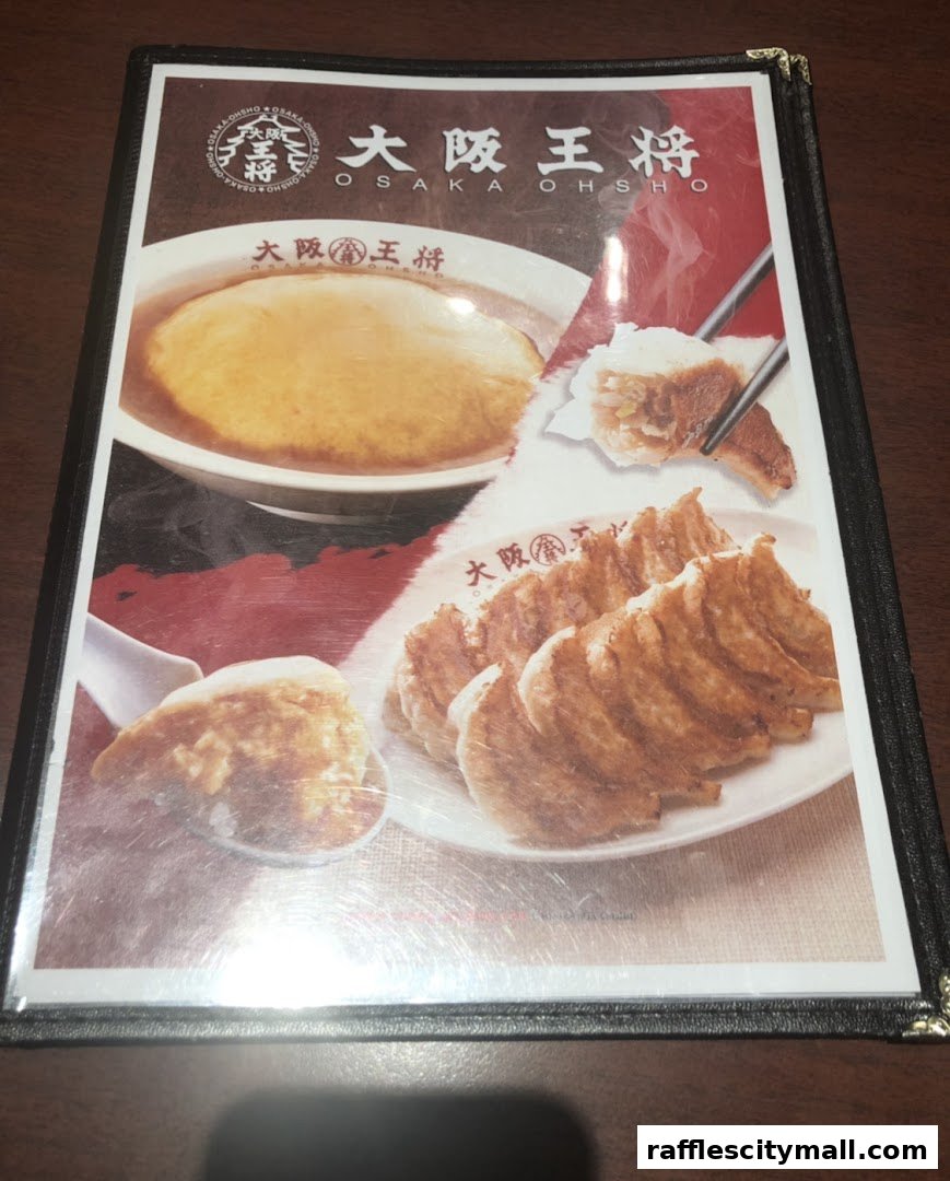 A menu from Osaka Ohsho featuring images of gyoza and a soup dish.