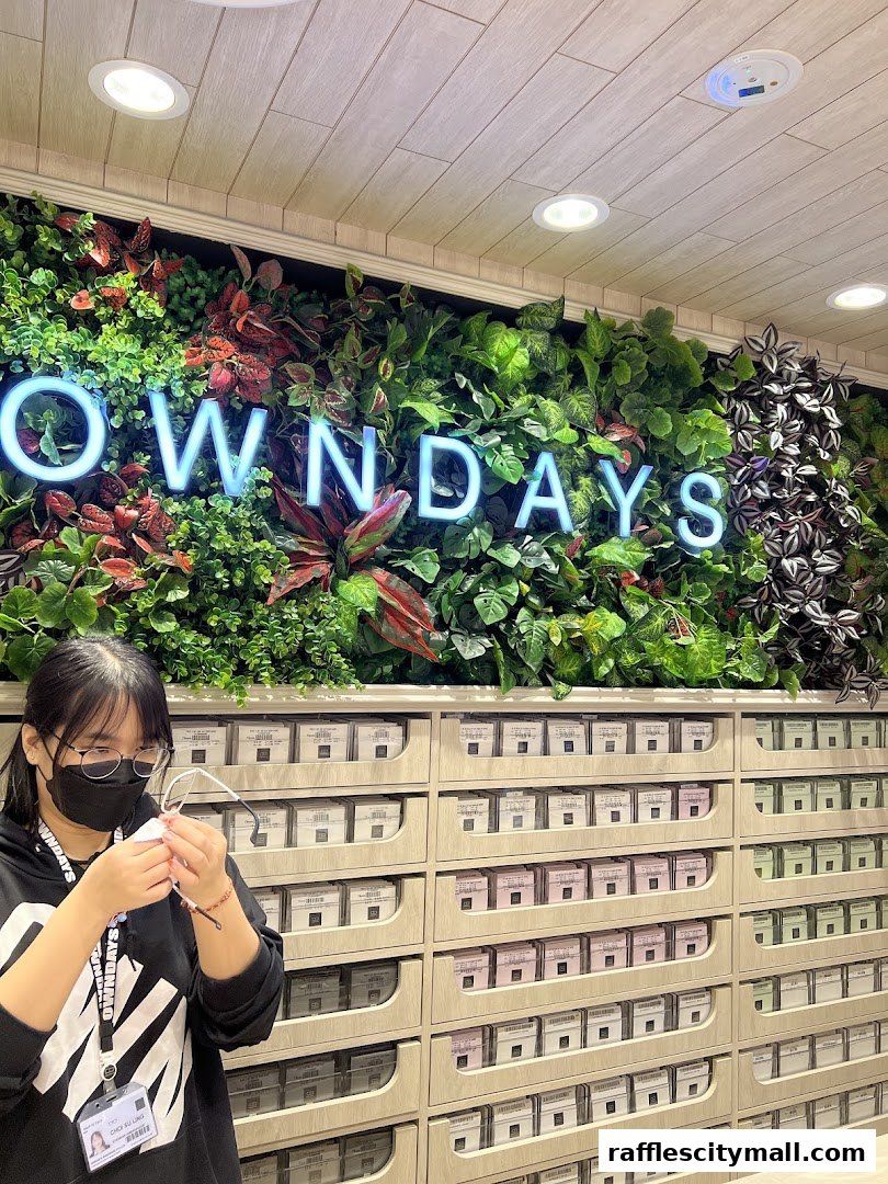 A staff member cleans glasses in front of a wall with the OWNDAYS logo and many drawers.