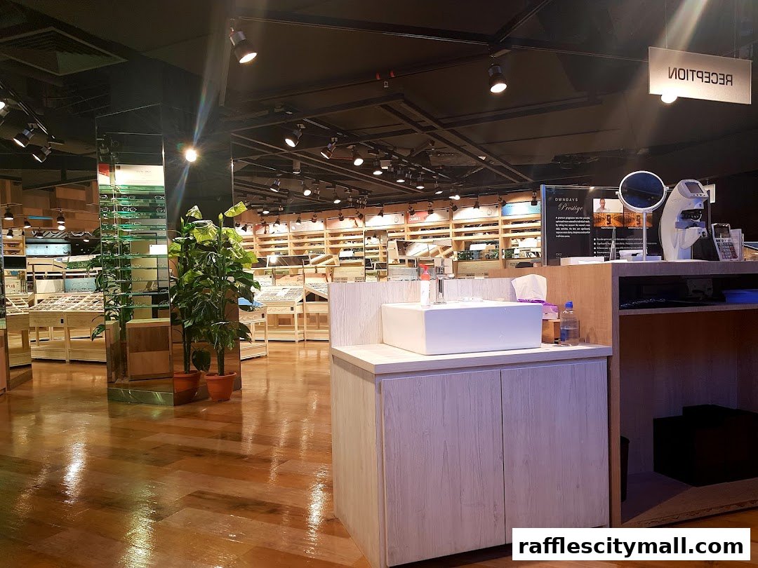 Interior of an optical shop with displays of glasses and a reception area.
