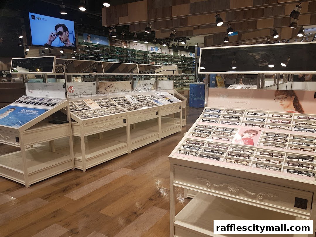 Interior view of an optical shop showcasing a wide selection of eyeglasses on display.