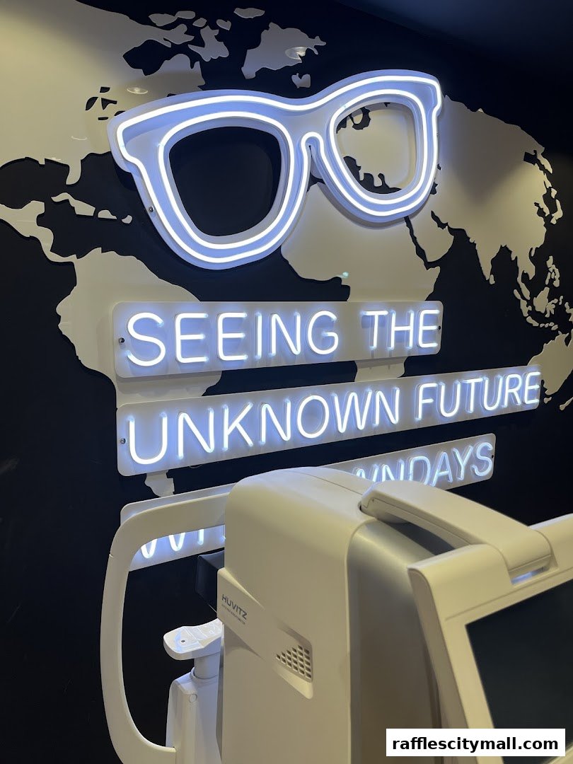 Neon sign of glasses and text on a world map background with an eye examination machine.