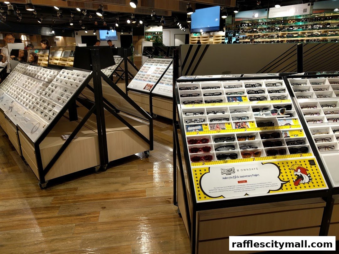 Interior of an eyewear store showcasing a wide selection of glasses on display racks.