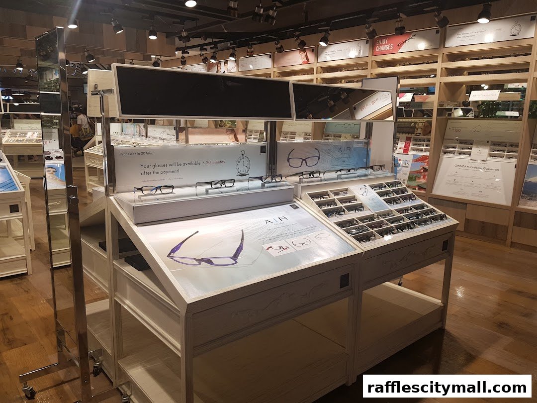 Interior view of an optical shop displaying various eyeglasses and promotional materials.