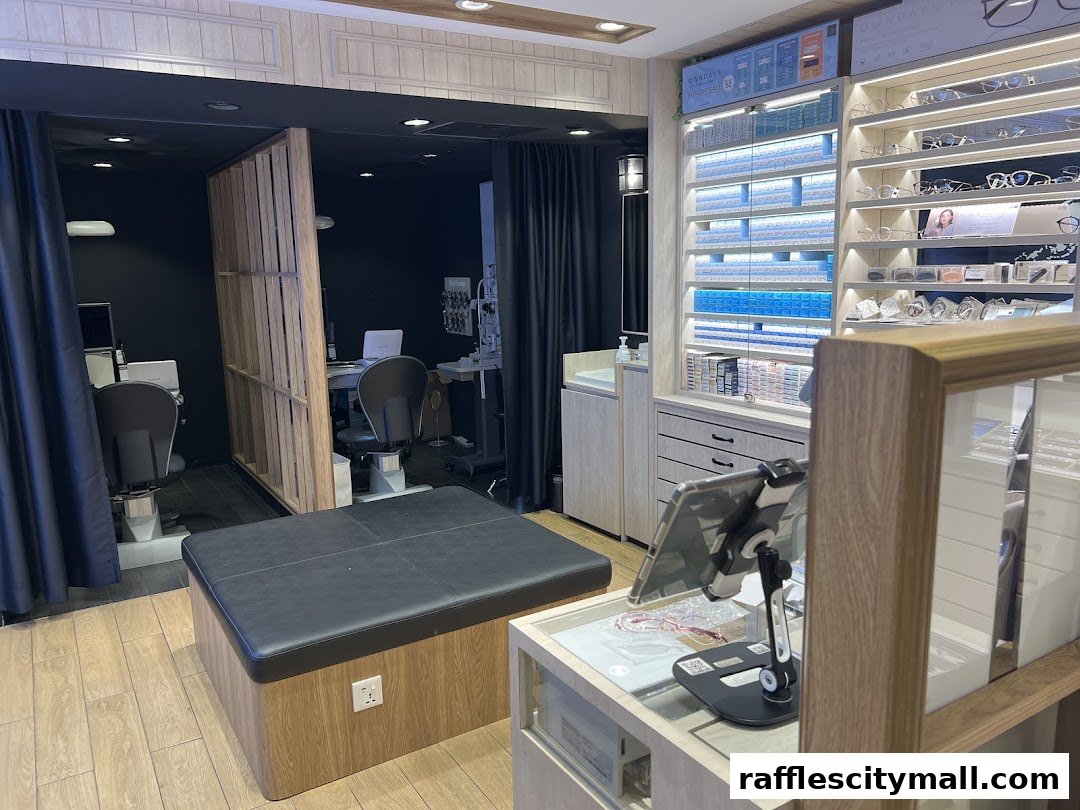 Interior of an optical shop with eye examination chairs and display shelves of glasses and contact lenses.