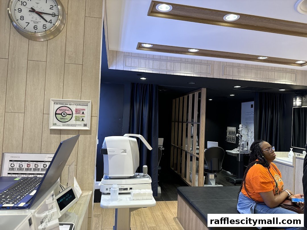 Interior of an optical shop with eye examination equipment and a customer.