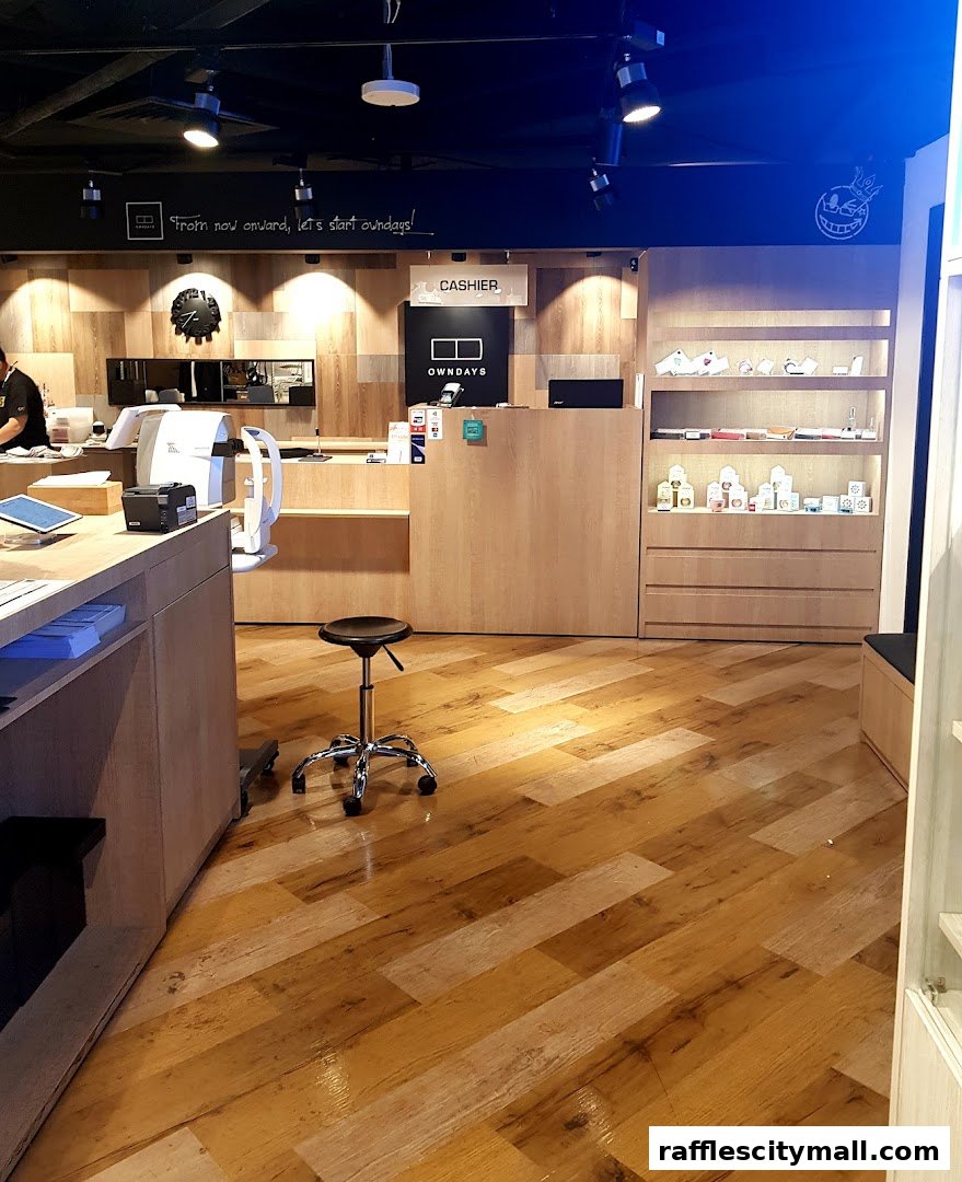 Interior view of an OWNDAYS optical shop with a cashier counter and display shelves.
