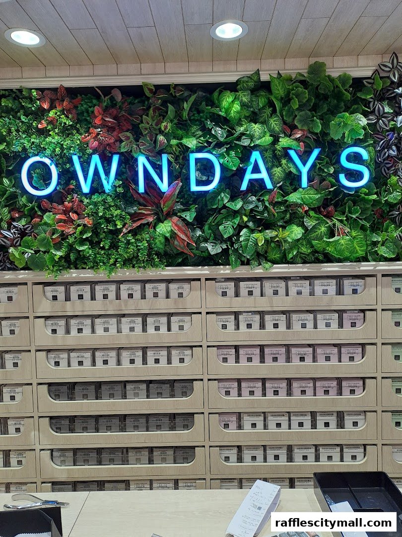 OWNDAYS shop interior with a neon sign and organized display shelves filled with products.