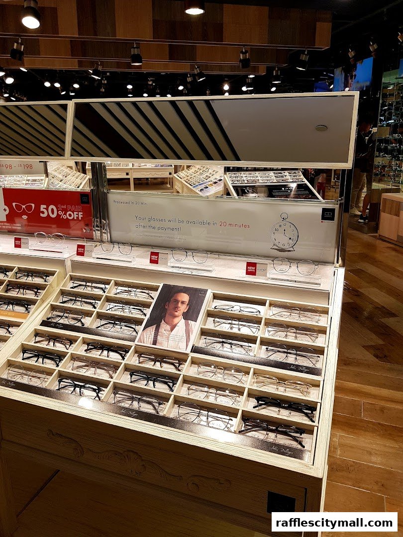 A display of various eyeglasses in a retail store, with a promotional sign.