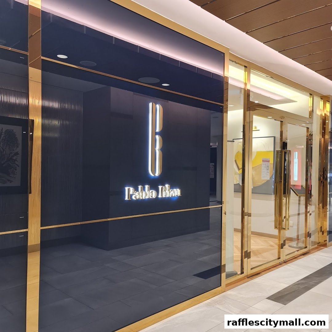 The exterior of the Pablo Blau shop with a prominent logo and glass doors.