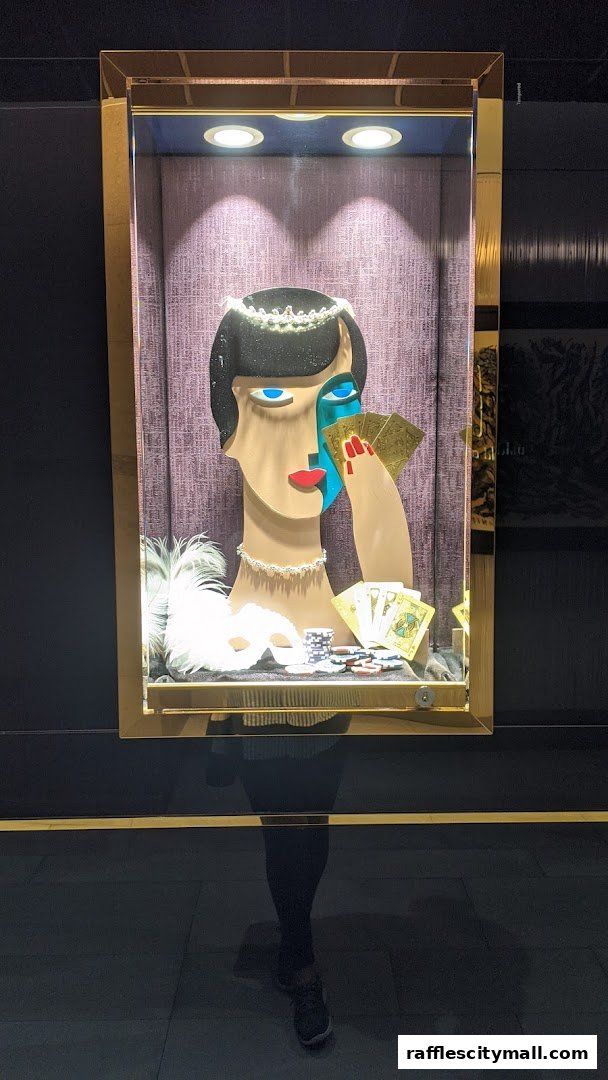 A display case featuring a stylized woman holding playing cards and casino chips.