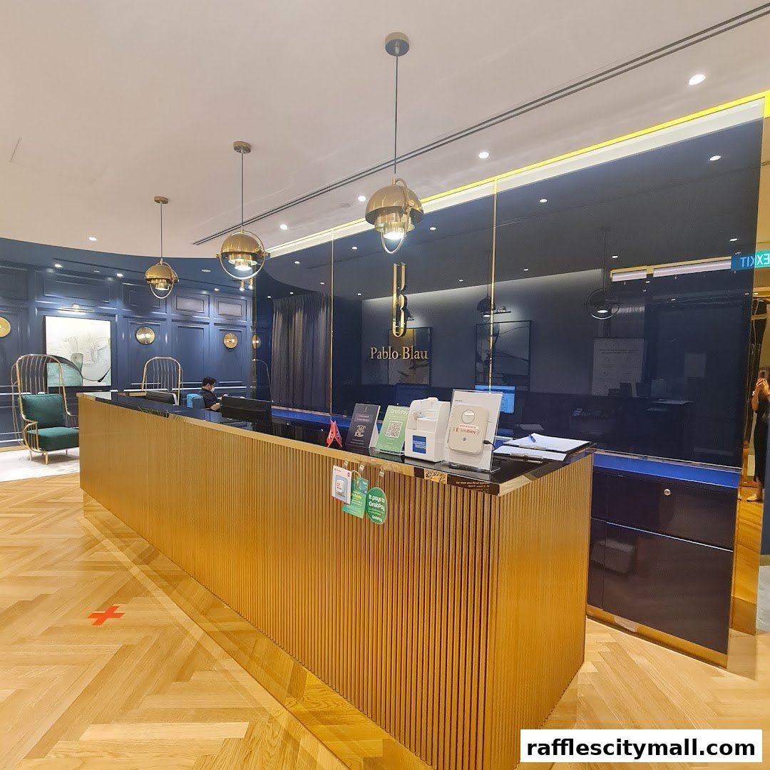 The reception area of Pablo Blau features a golden counter with various payment terminals and signage.