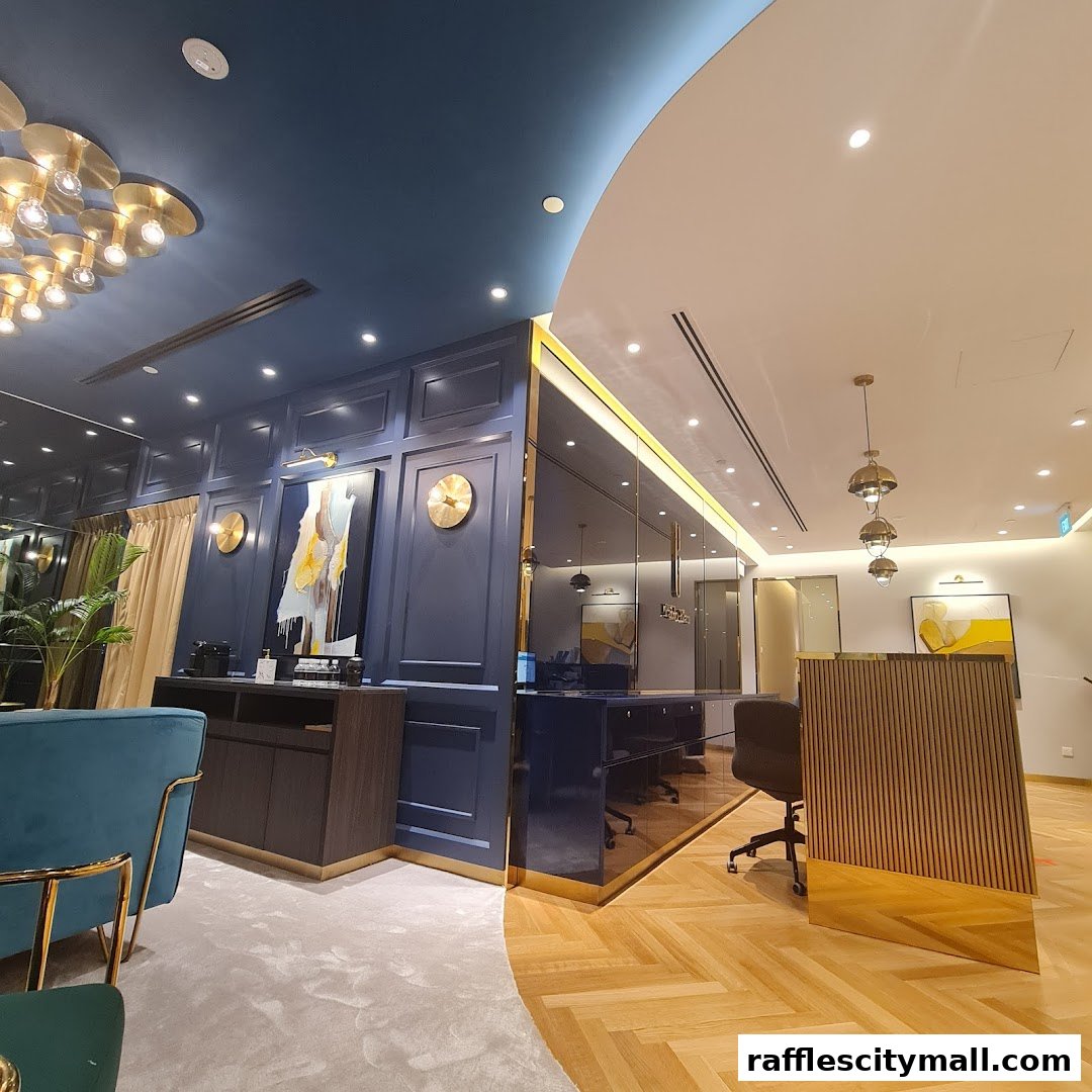 Interior view of a modern reception area with blue walls, artwork, and a wooden reception desk.