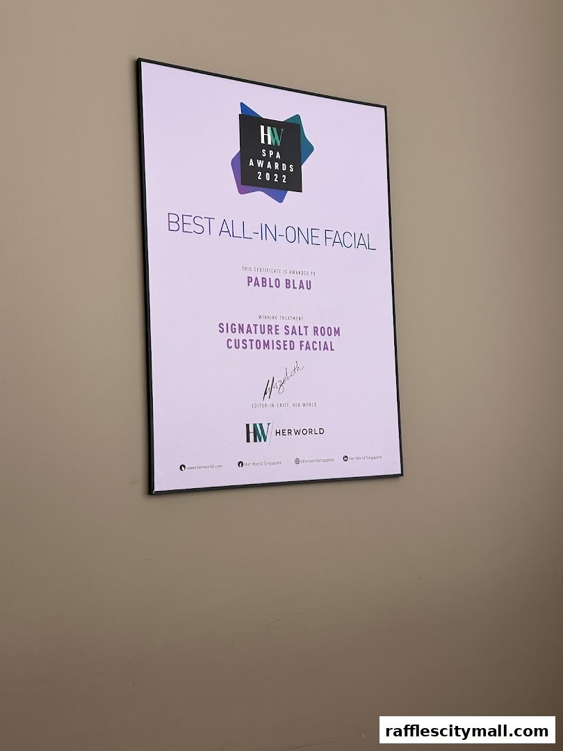 A framed award certificate for Pablo Blau, recognizing their Best All-In-One Facial.
