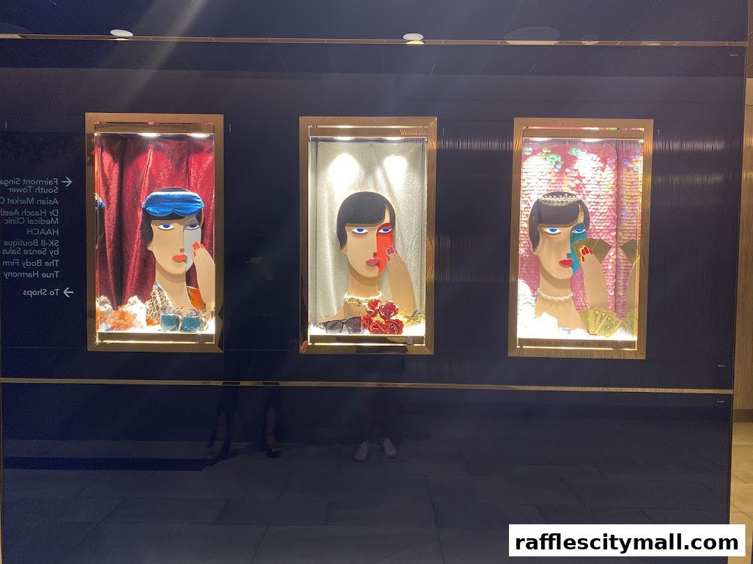 Three artistic window displays featuring stylized mannequin heads with colorful makeup and accessories.