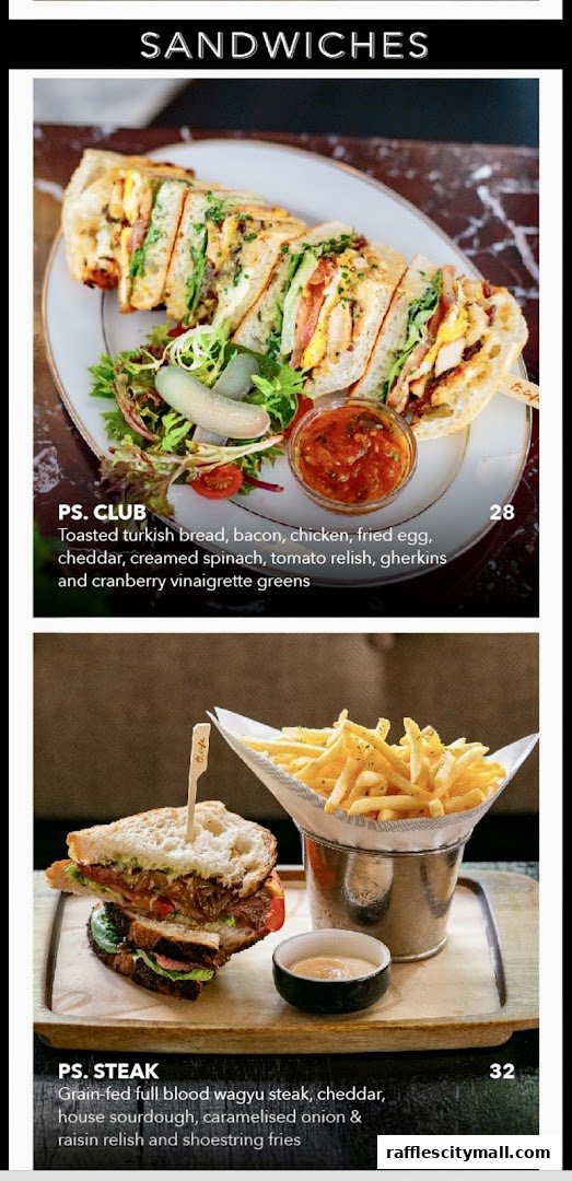 A menu featuring two gourmet sandwiches: PS. Club and PS. Steak with descriptions and prices.