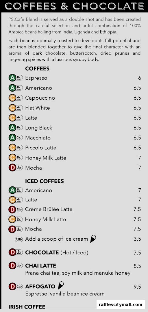 A menu showcasing coffees and chocolates with detailed descriptions and prices.