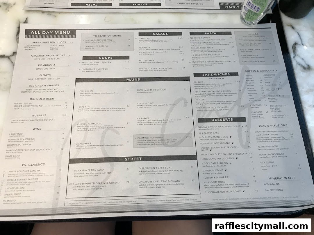 A menu from PS.Cafe Raffles City with various food and drink categories.