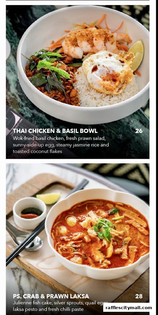 Two delicious Asian-inspired dishes: Thai Chicken & Basil Bowl and PS. Crab & Prawn Laksa.