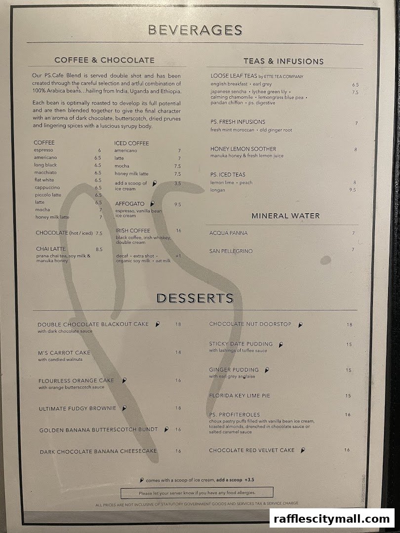 A menu featuring beverages and desserts with prices.