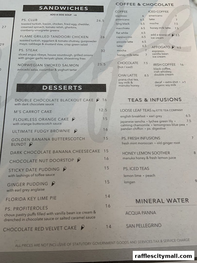 A menu from PS.Cafe Raffles City featuring sandwiches, desserts, coffee, tea, and mineral water.