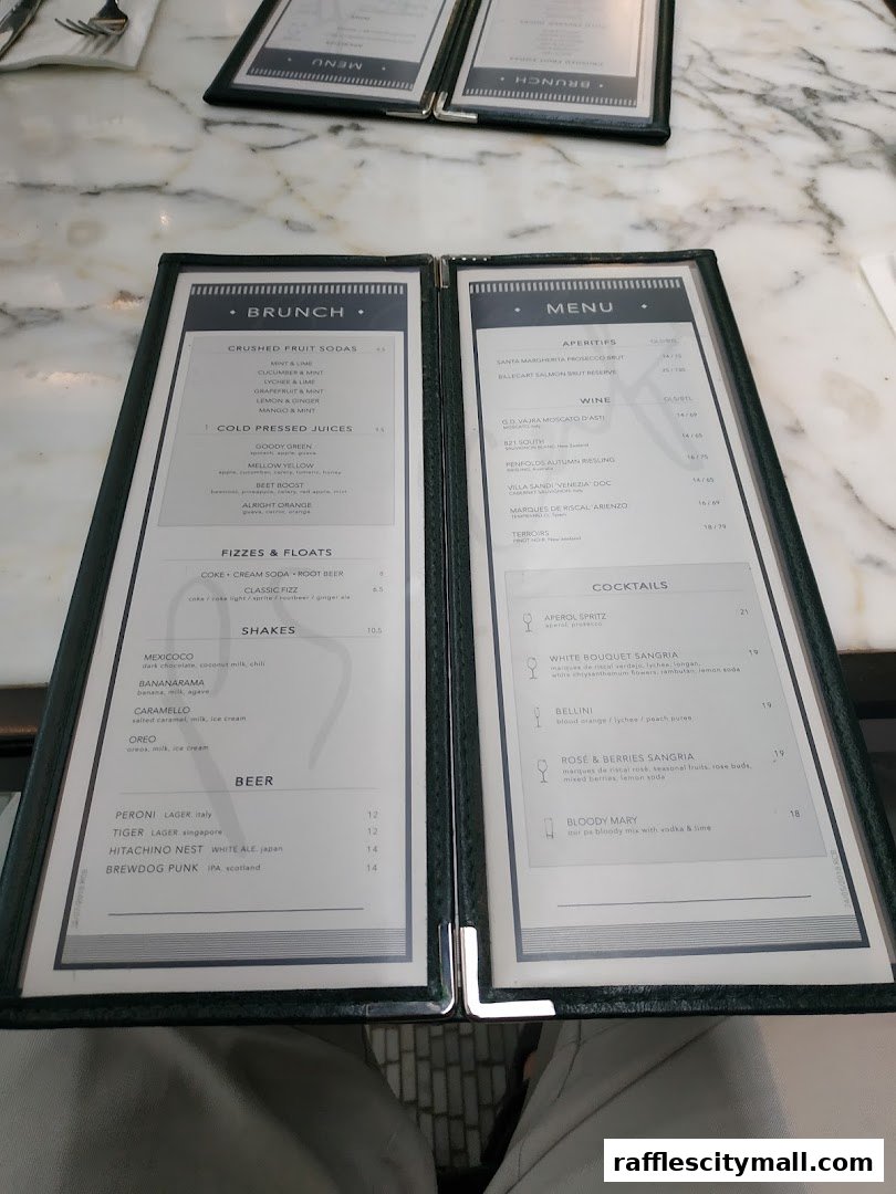 A menu for PS.Cafe Raffles City, featuring brunch, drinks, and cocktails.