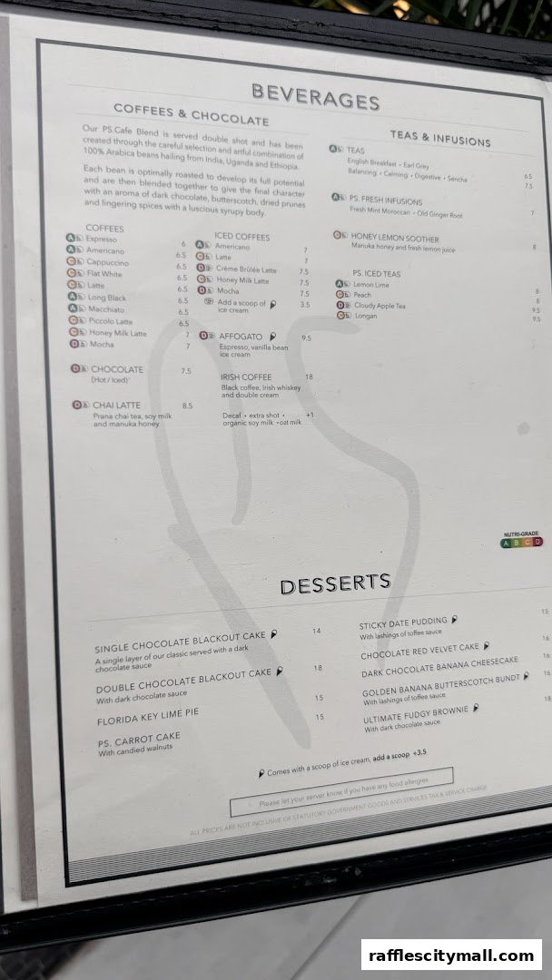 A menu from PS.Cafe Raffles City featuring beverages and desserts with prices.